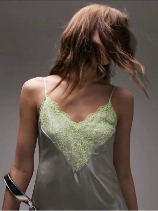 Topshop Silver Slip Dress with Lime Lace Trim - Picture 4 of 10